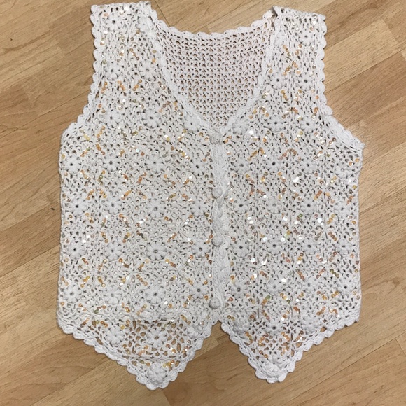 Sweaters - Crochet white sweater vest with sequins